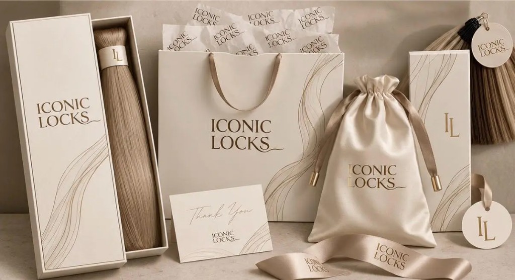 Iconic Locks luxury packaging suite with box, bag, pouch and thank you card