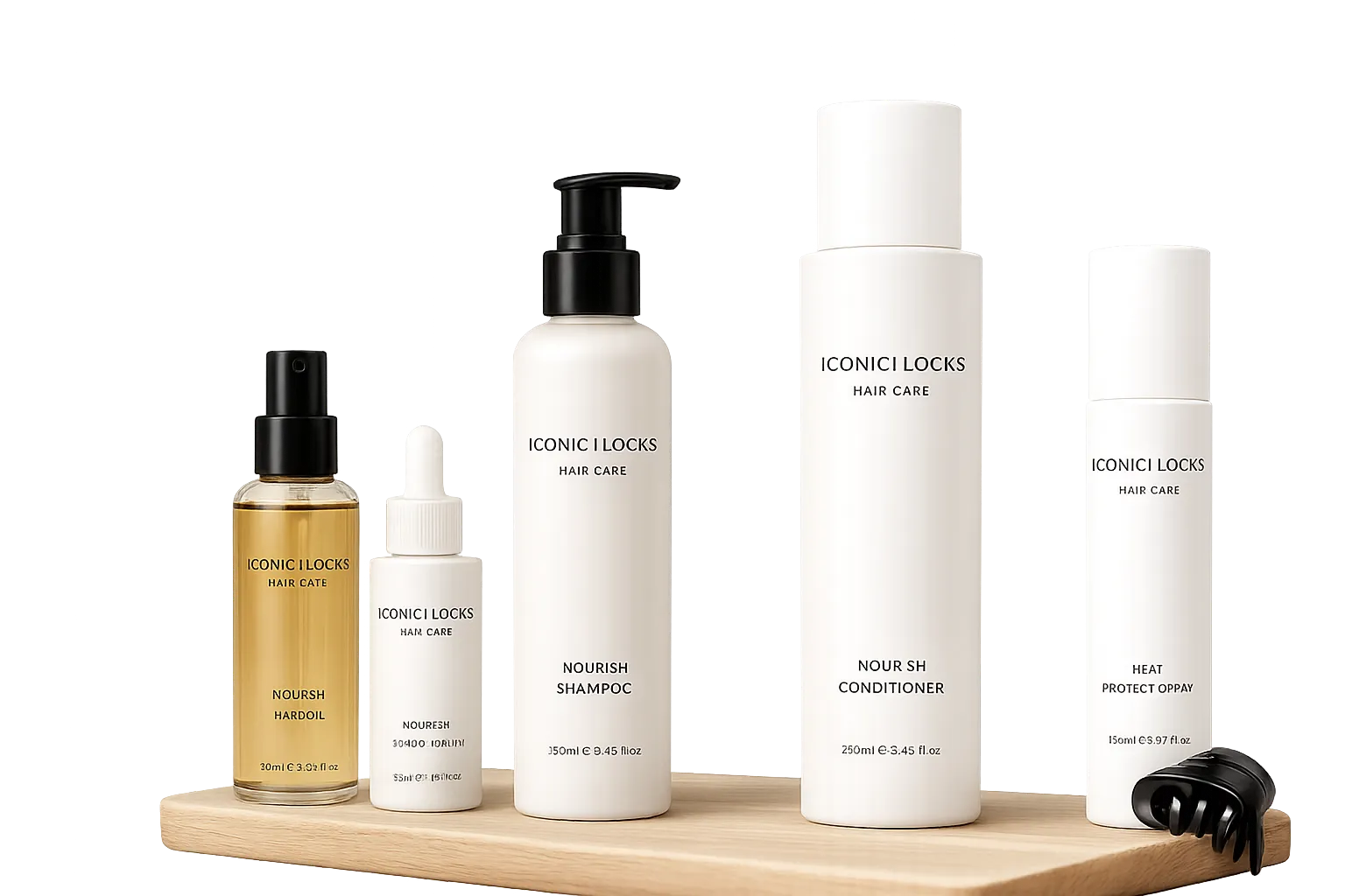 Iconic Locks hair care bottles arranged on a wooden tray