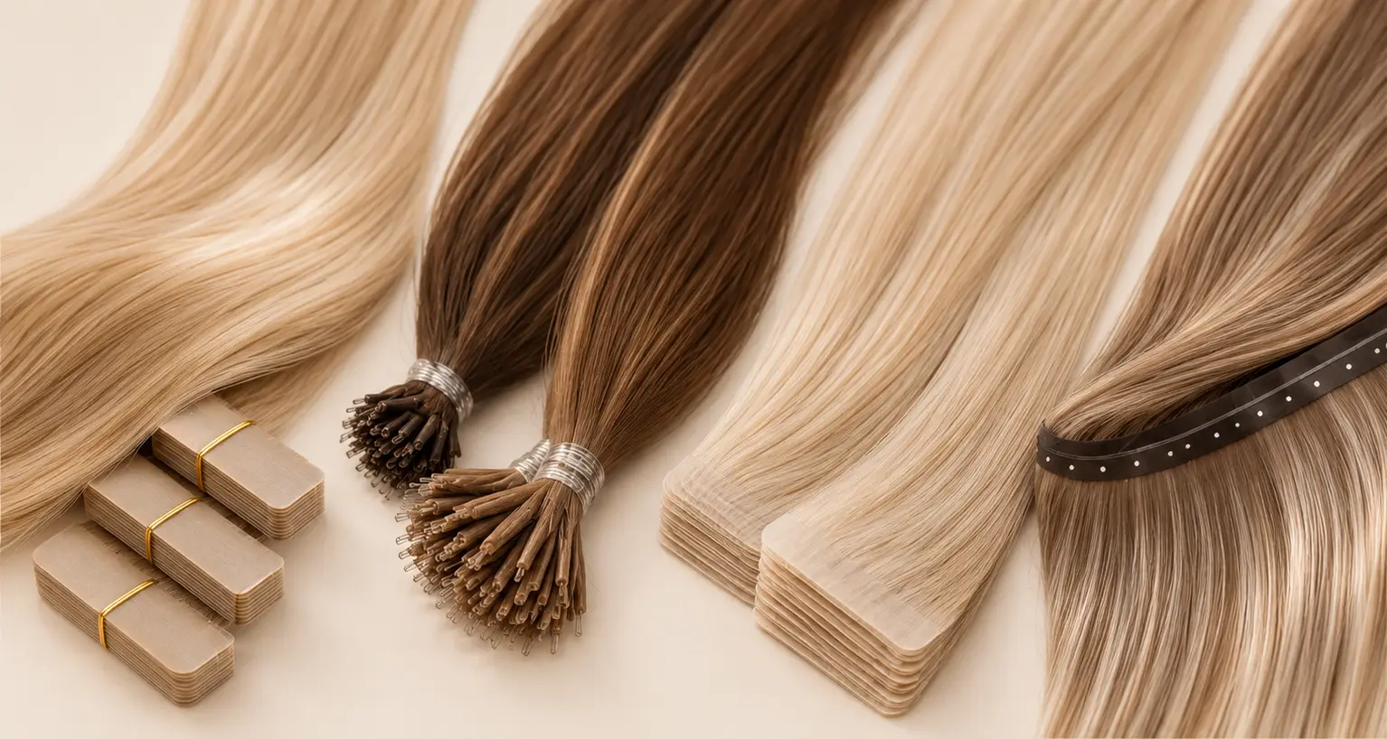 Blonde hair extension bundles displayed on a warm neutral background